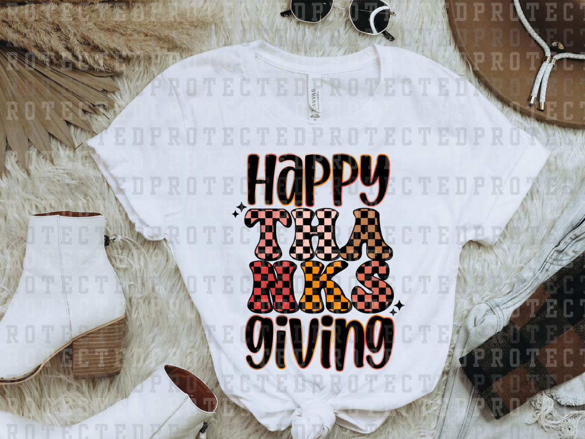 HAPPY THANKSGIVING - CHECKER INSET - NEON OUTLINE - SPARKLES - DTF TRANSFERS