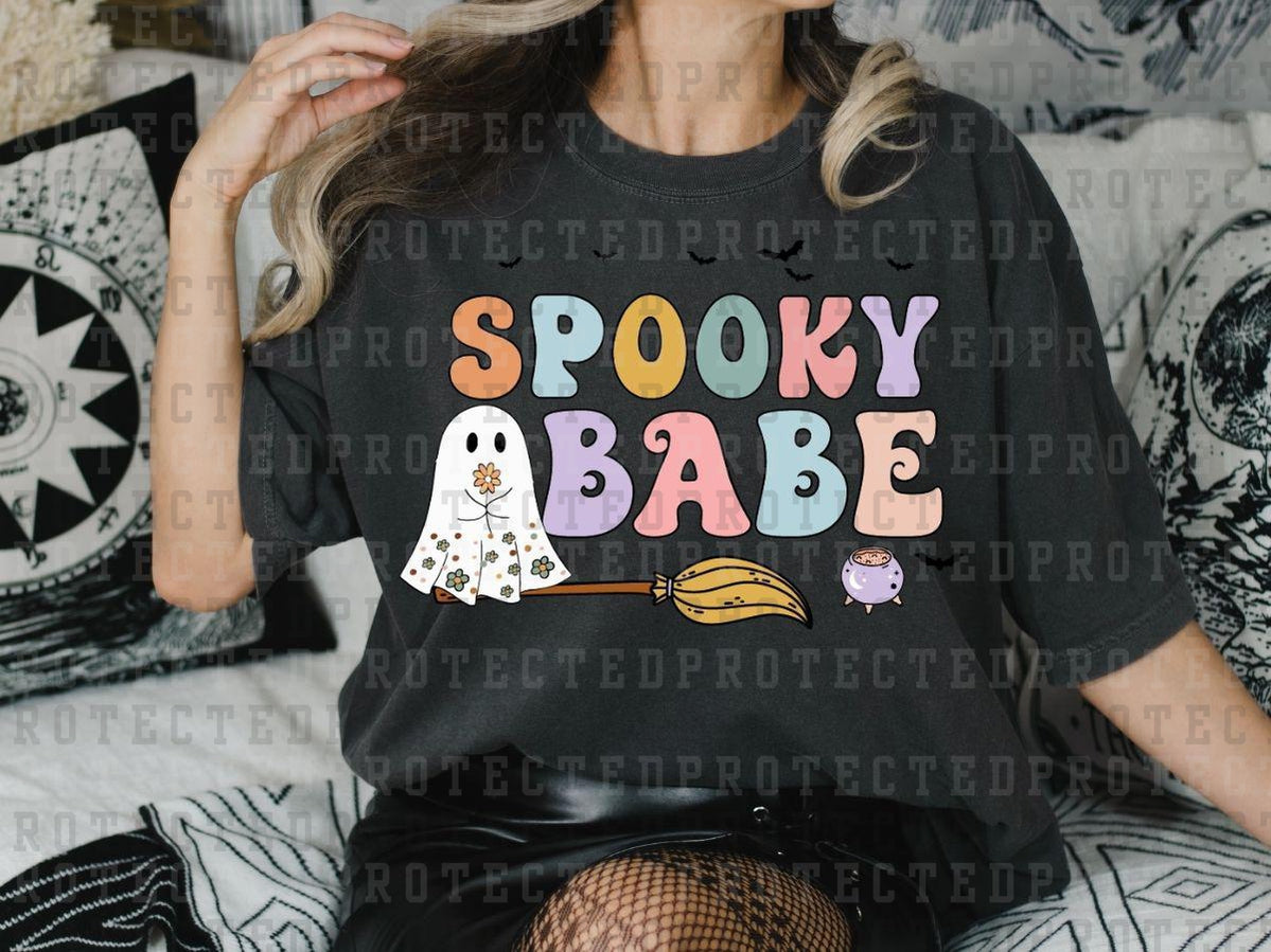 SPOOKY BABE - GHOST WITH FLOWERS, BROOM + CAULDRON- DTF TRANSFERS