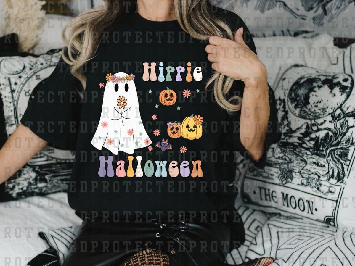 HIPPIE HALLOWEEN - FLOWER CROWN GHOST W/ FLOWER, PUMPKINS, BATS AND FLOWERS - DTF TRANSFERS