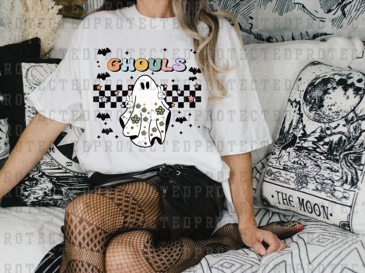 GHOULS - BLACK CHECK BACKGROUND - PEACE SIGN GHOST - DTF TRANSFERS