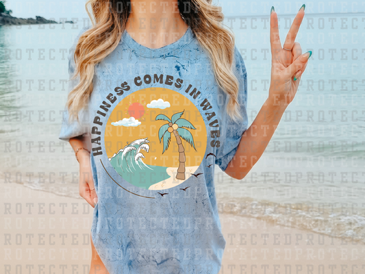 HAPPINESS COMES IN WAVES - CIRCLE WAVE, PEACH SUN AND PALM TREE - DTF TRANSFERS