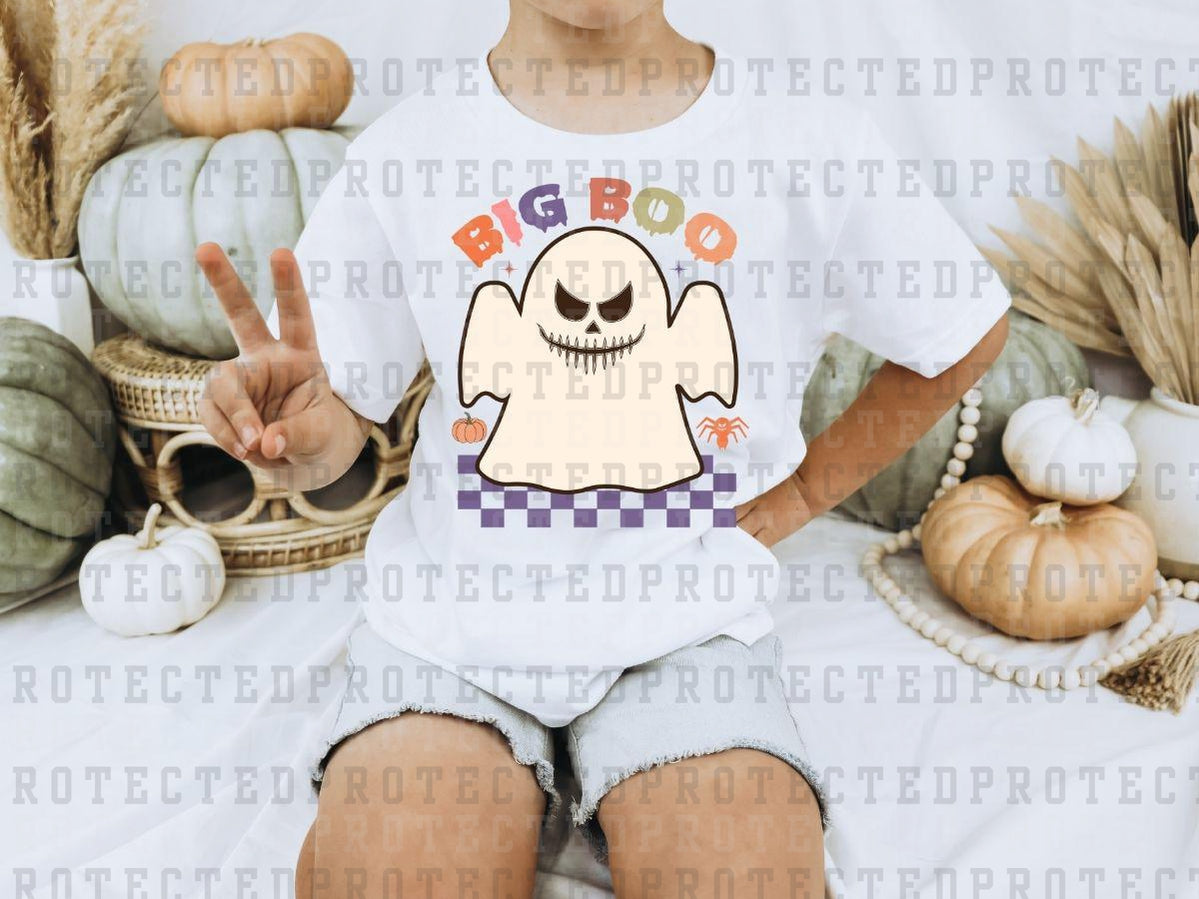 BIG BOO - SCARY GHOST - PURPLE CHECK BACKGROUND - DTF TRANSFERS