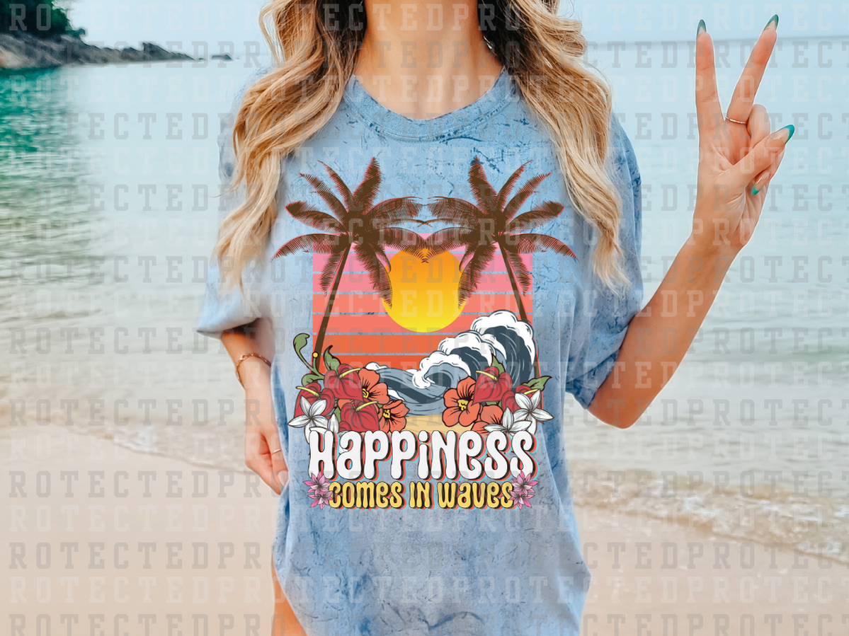 HAPPINESS COMES IN WAVES - TWO PALM TREES - STRIPED BACK - FLORALS - DTF TRANSFERS