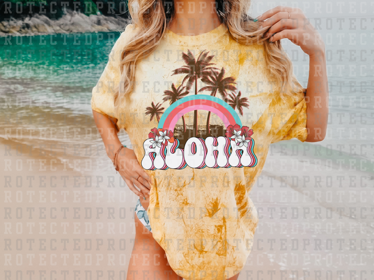 ALOHA - 5 PALM TREES - TEAL/RED/PINK RAINBOW - DTF TRANSFERS