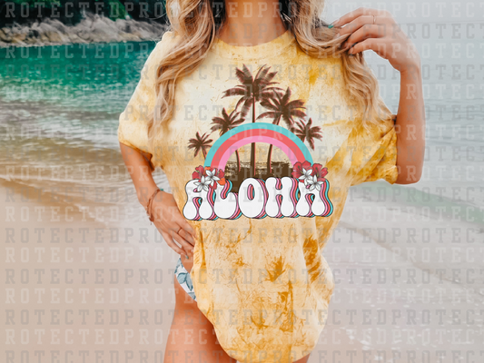 ALOHA - 5 PALM TREES - TEAL/RED/PINK RAINBOW - DTF TRANSFERS