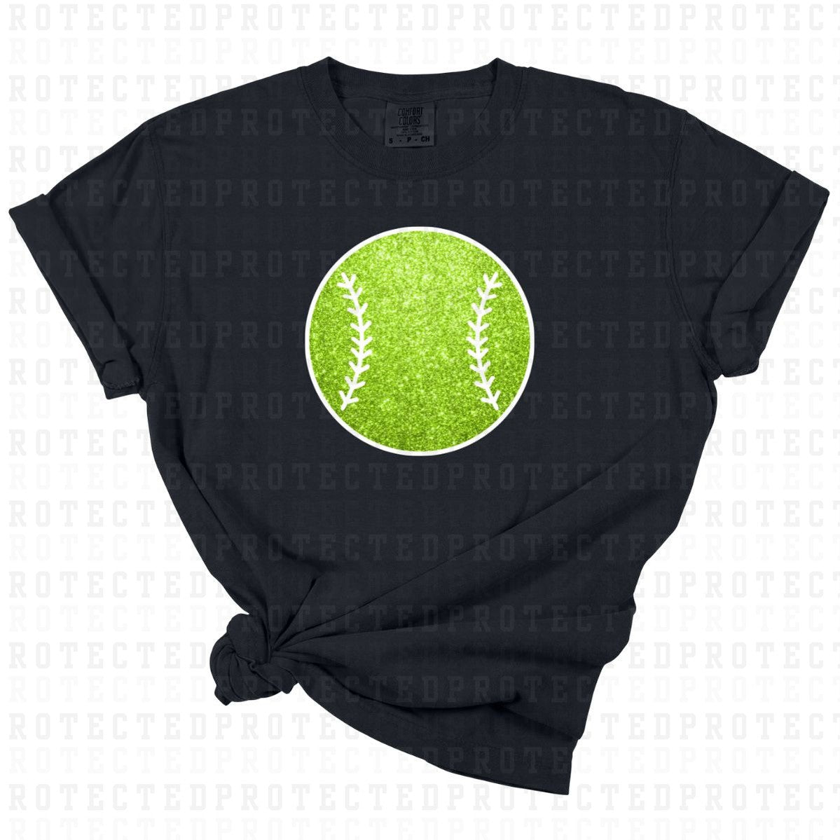 LIME GREEN BASEBALL W/ WHITE STITCHING *FAUX SEQUIN* - DTF TRANSFER