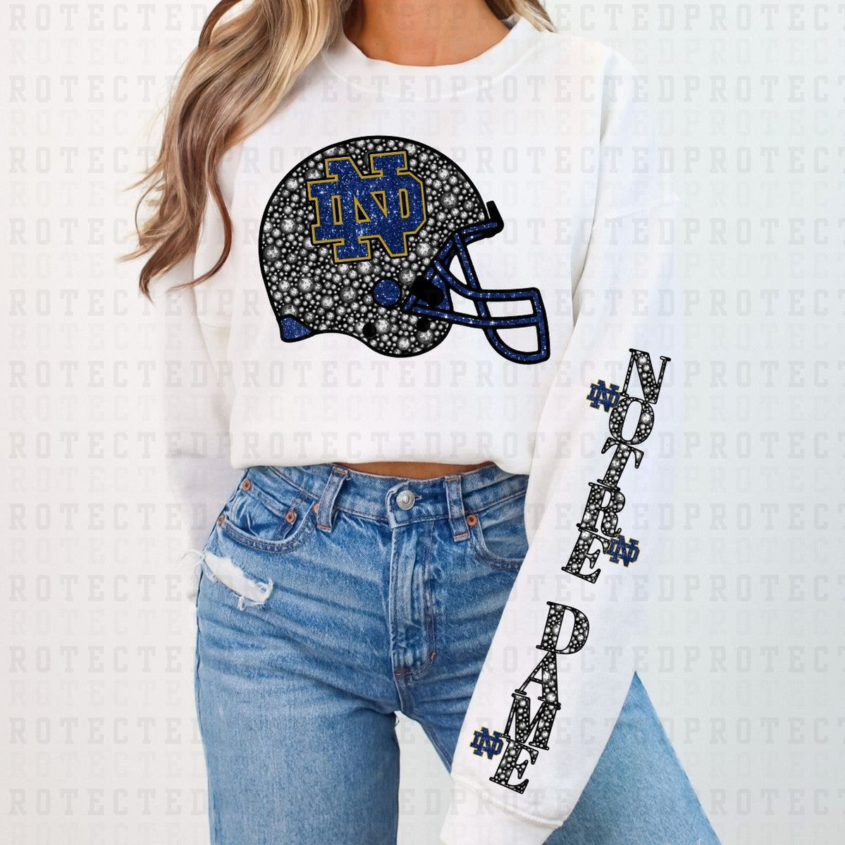 NOTRE DAME *FAUX RHINESTONES/SLEEVE DESIGN COMES IN 6"* (FULL FRONT/1 SLEEVE) - DTF TRANSFER