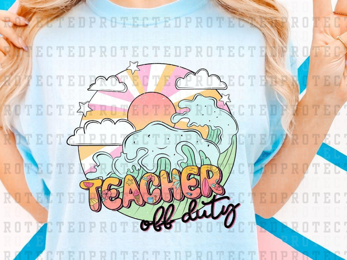 TEACHER OFF DUTY - CIRCLE PINK/YELLOW SUN AND WAVES  - DTF TRANSFERS