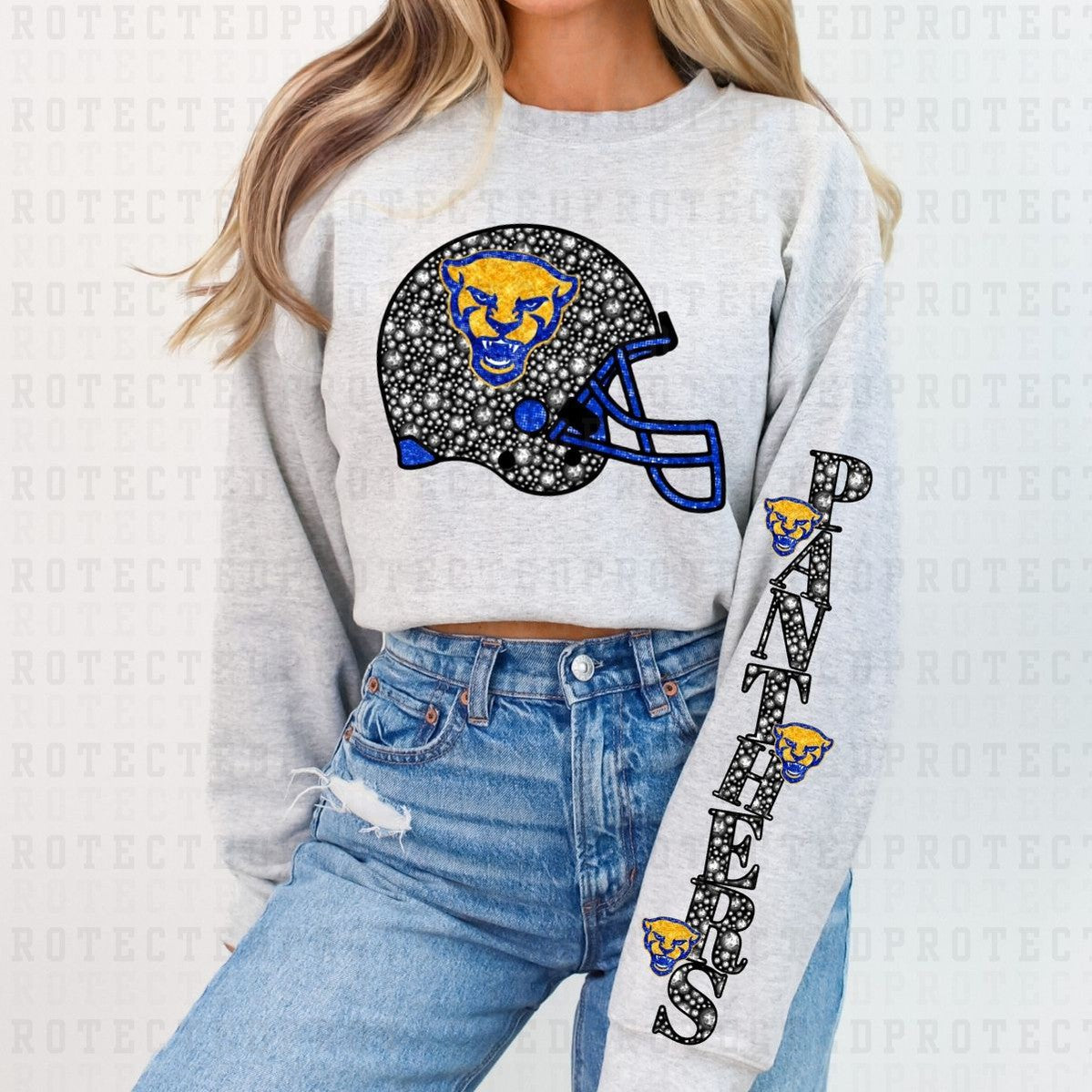 PANTHERS *FAUX RHINESTONES/SLEEVE DESIGN COMES IN 6"* (FULL FRONT/1 SLEEVE) - DTF TRANSFER