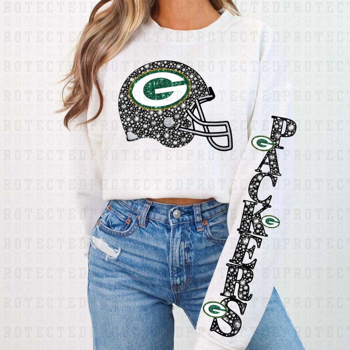 PACKERS *FAUX RHINESTONES/SLEEVE DESIGN COMES IN 6"* (FULL FRONT/1 SLEEVE) - DTF TRANSFER