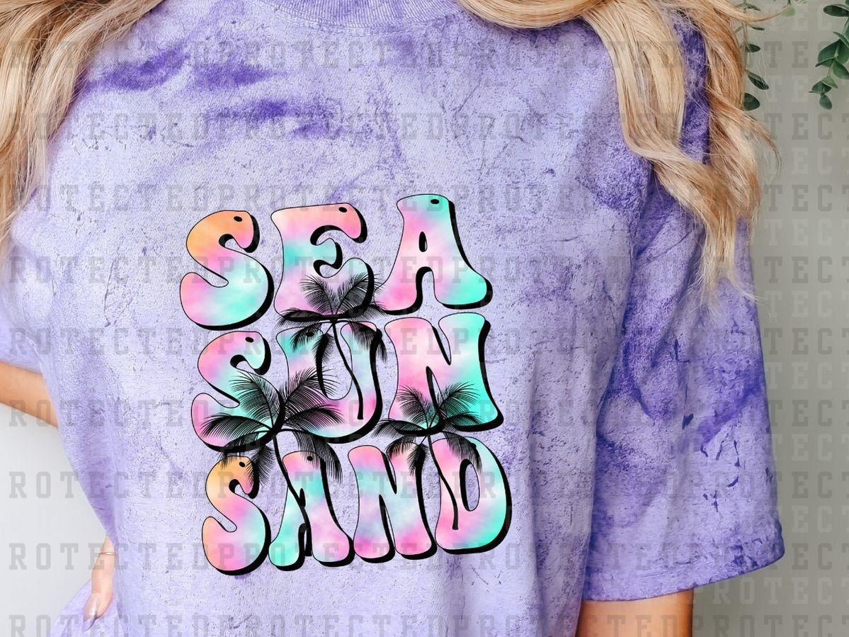 SEA SUN SAND - PURPLE/BLUE/PEACH TIEDYE + PALM TREES - DTF TRANSFERS