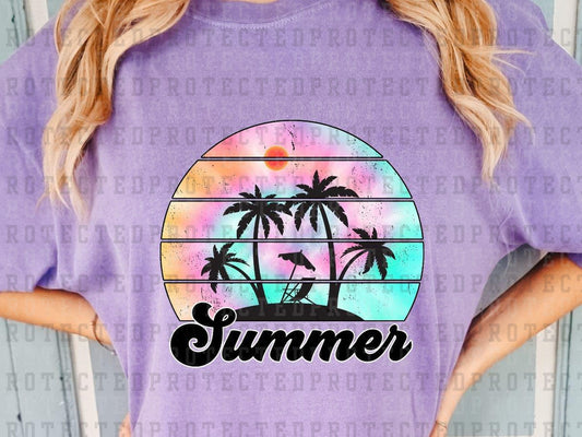 SUMMER - BLACK PALM TREES - TIE DYE SUNSET CIRCLE - DTF TRANSFERS