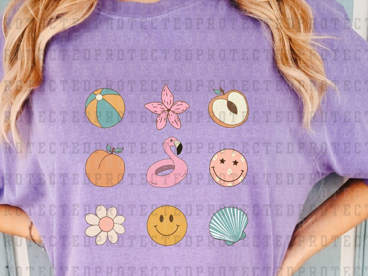 SUMMER ICONS - BEACH BALL, PEACH, FLAMINGO FLOAT, SHELL, SMILEY, FLOWERS  - DTF TRANSFERS