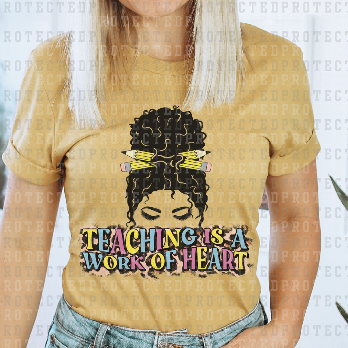 TEACHING IS A WORK OF HEART CURLY HAIR W/ ANIMAL PRINT BACKGROUND  - DTF TRANSFER