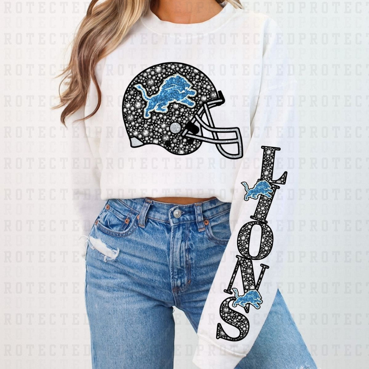 LIONS *FAUX RHINESTONES/SLEEVE DESIGN COMES IN 6"* (FULL FRONT/1 SLEEVE) - DTF TRANSFER