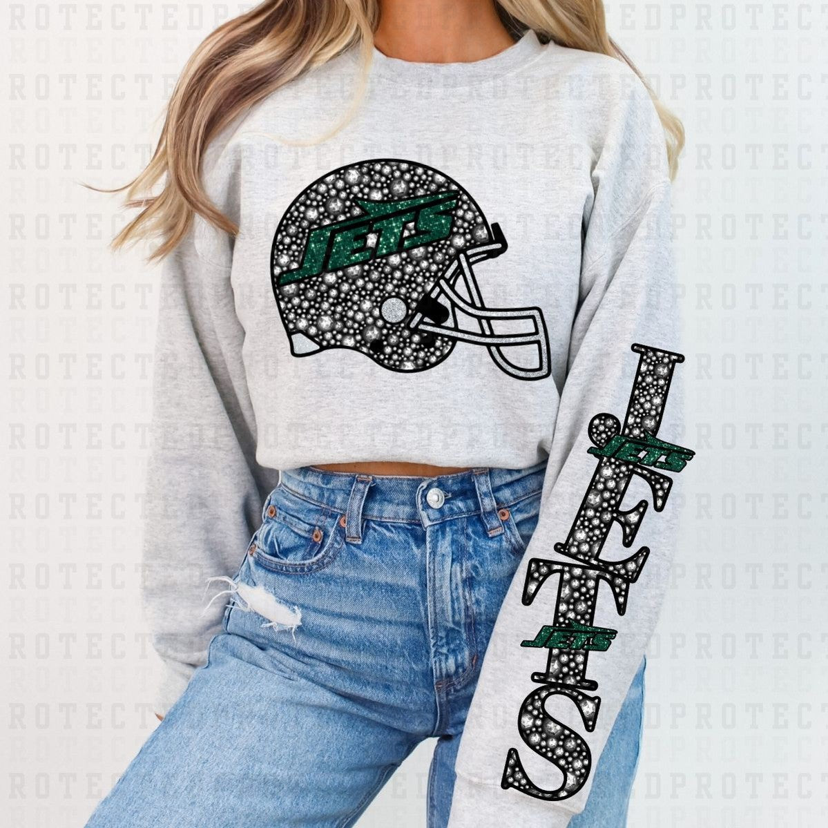 JETS *FAUX RHINESTONES/SLEEVE DESIGN COMES IN 6"* (FULL FRONT/1 SLEEVE) - DTF TRANSFER