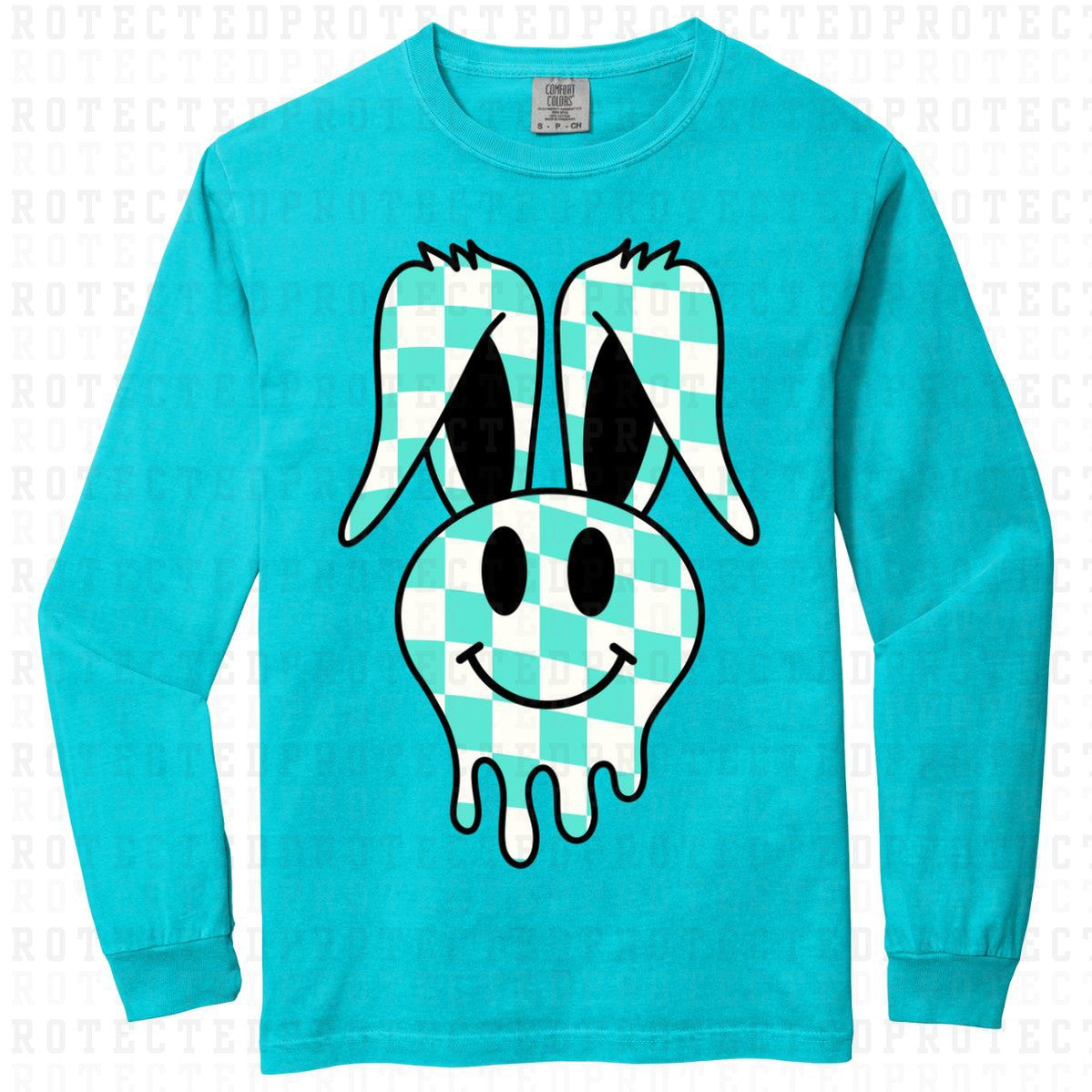 DRIPPY EASTER BUNNY SMILEY *AQUA CHECKERED* - DTF TRANSFER