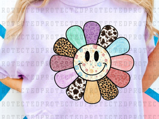 FLOWER SMILEY - COW, LEOPARD, PINK, BLUE AND FLORAL - DTF TRANSFERS