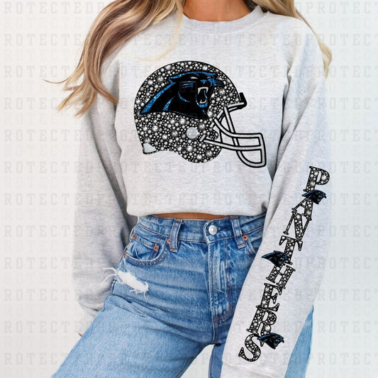 PANTHERS *FAUX RHINESTONES/SLEEVE DESIGN COMES IN 6"* (FULL FRONT/1 SLEEVE) - DTF TRANSFER