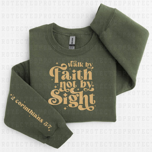 WALK BY FAITH NOT BY SIGHT *W/GRUNGE -SINGLE COLOR - SLEEVE DESIGN COMES IN 6"* (FRONT/BACK) - DTF TRANSFER