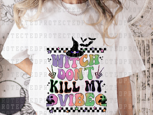 WITCH DON'T KILL MY VIBE - BLACK CHECK - NEON SKULLS/WORDS, SKELETON PEACE SIGN, WITCH HAT- DTF TRANSFERS