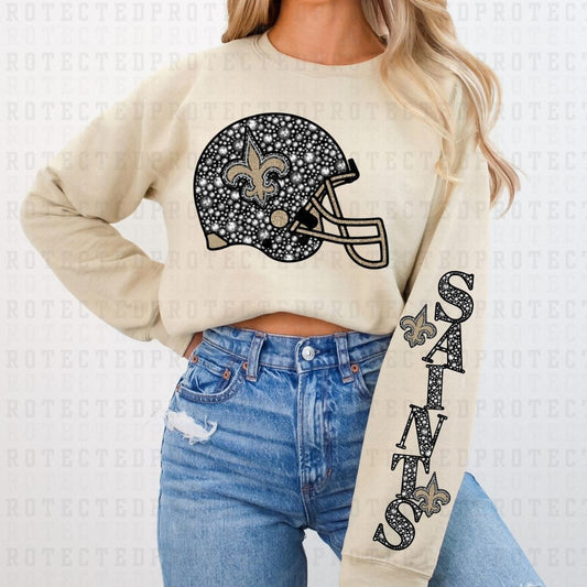 SAINTS *FAUX RHINESTONES/SLEEVE DESIGN COMES IN 6"* (FULL FRONT/1 SLEEVE) - DTF TRANSFER