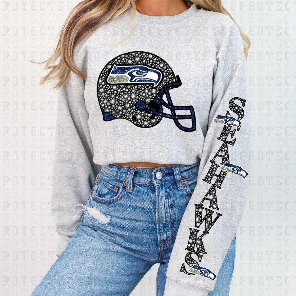 SEAHAWKS *FAUX RHINESTONES/SLEEVE DESIGN COMES IN 6"* (FULL FRONT/1 SLEEVE) - DTF TRANSFER