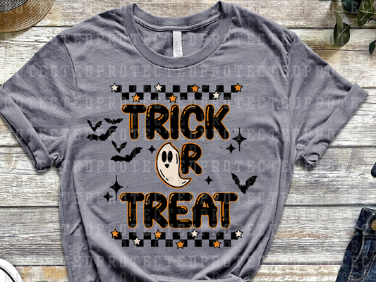 TRICK OR TREAT - LITTLE GHOST - BATS - SPARKLES - ORANGE OUTLINED BUBBLE FONT - BLACK CHECK W/ STARS - DTF TRANSFERS