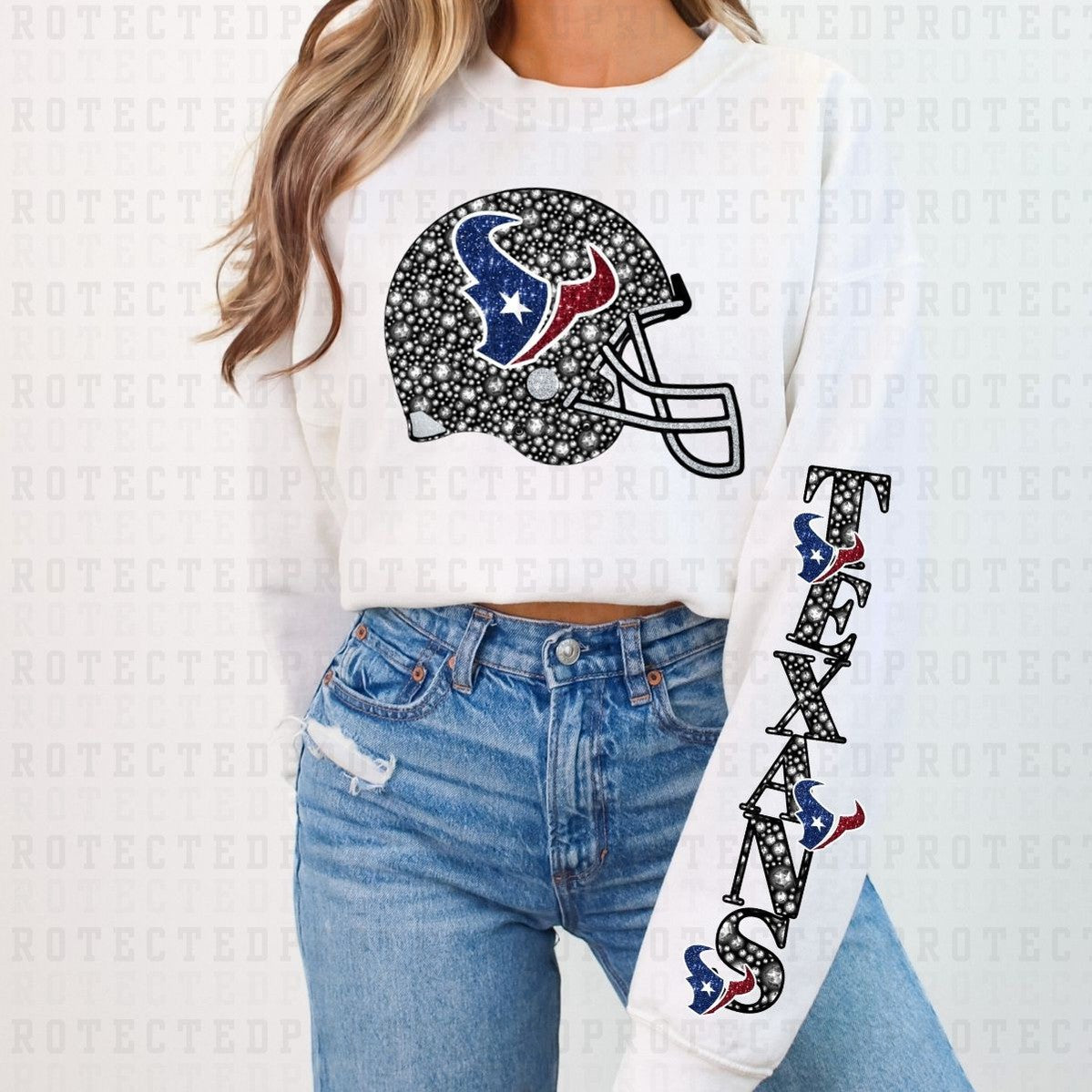 TEXANS *FAUX RHINESTONES/SLEEVE DESIGN COMES IN 6"* (FULL FRONT/1 SLEEVE) - DTF TRANSFER