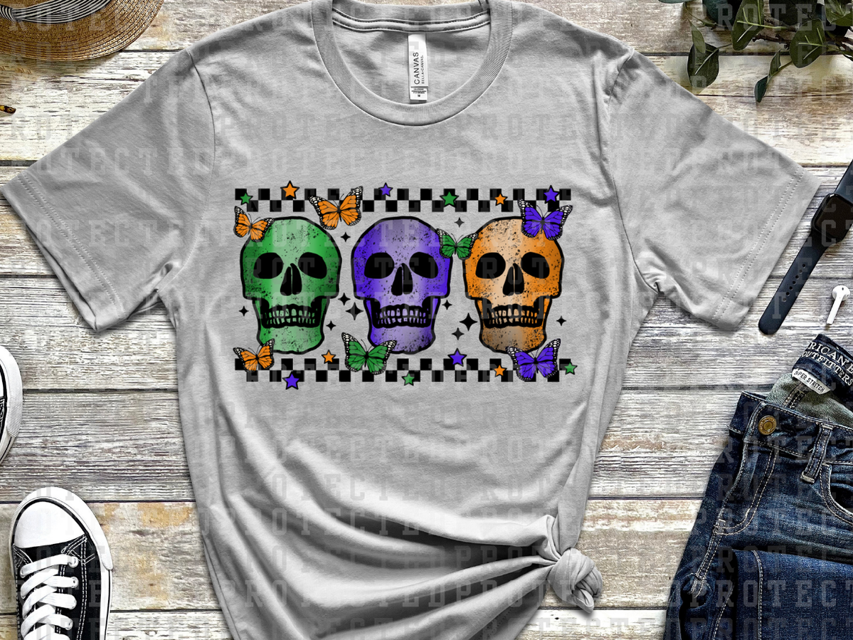 THREE SKULLS - GREEN, PURPLE, ORANGE - BLACK CHECK BOARDER W/ BUTTERFLIES - DTF TRANSFERS