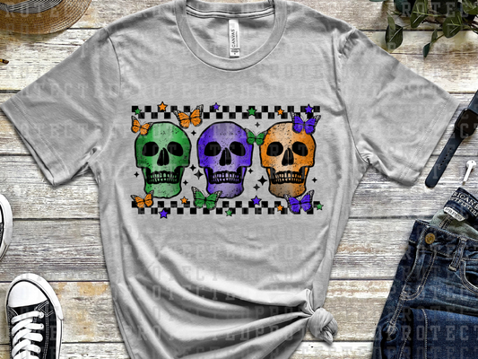 THREE SKULLS - GREEN, PURPLE, ORANGE - BLACK CHECK BOARDER W/ BUTTERFLIES - DTF TRANSFERS