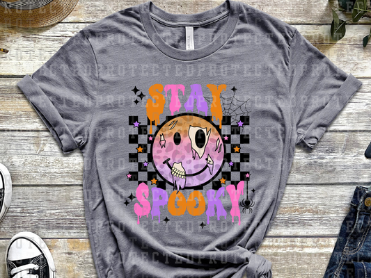 STAY SPOOKY W/ LEOPARD SKULL SMILEY - ORANGE/PINK/PURPLE, BLACK CHECK, STARS, DRIPPING FONT - DTF TRANSFERS