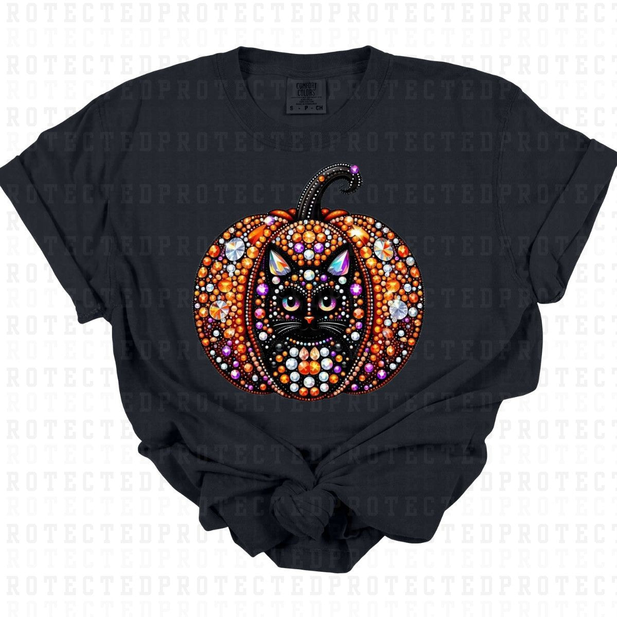 BLACK CAT PUMPKIN *FAUX RHINESTONES* - DTF TRANSFER