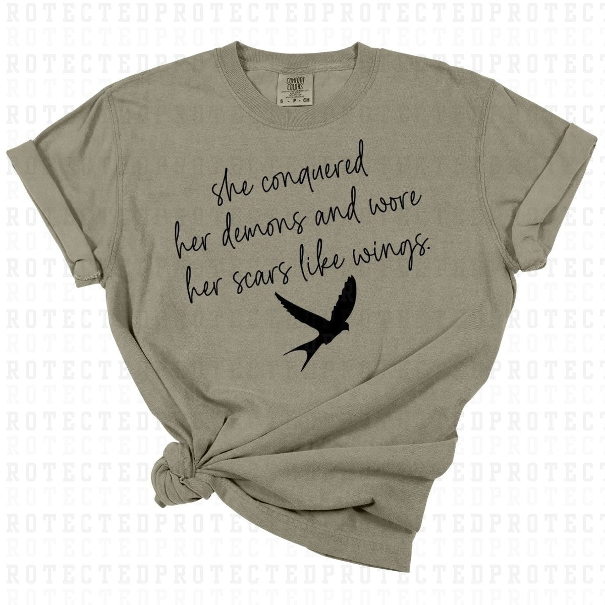 SHE CONQUERED HER DEMONS AND WORE HER SCARS LIKE WINGS *SINGLE COLOR* - DTF TRANSFER