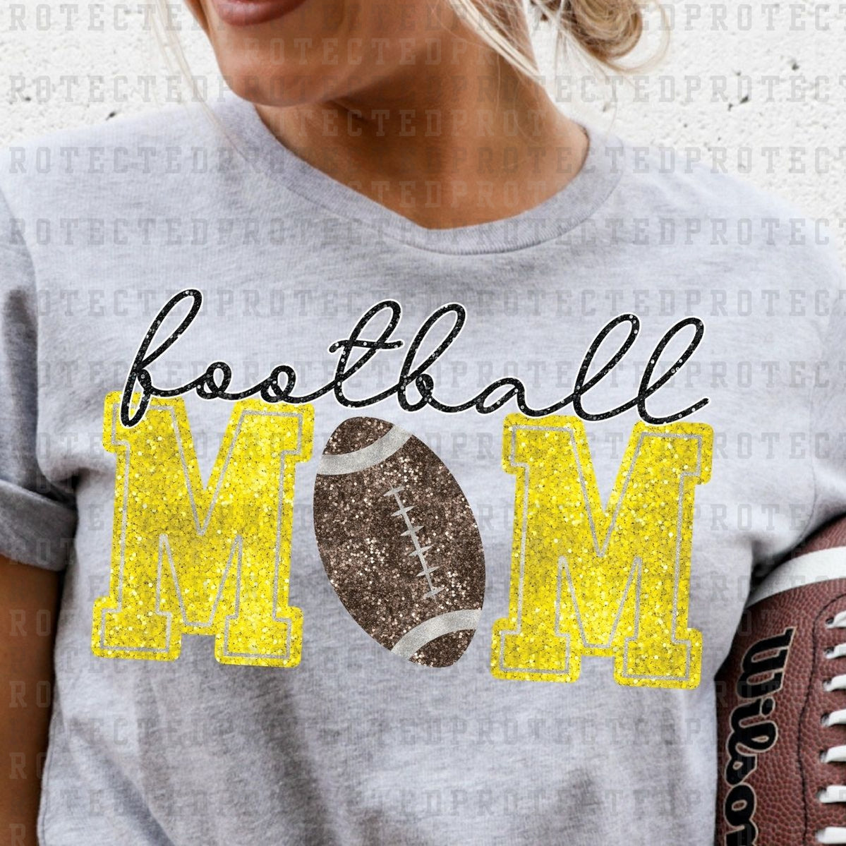 FAUX SEQUIN FOOTBALL MOM *YELLOW W/DARKER FOOTBALL* - DTF TRANSFER ...