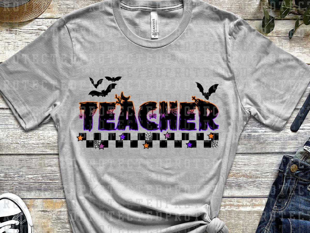 TEACHER - BATS - ORANGE/PINK/PURPLE OUTLINE - BLACK CHECK WITH STARS - DTF TRANSFERS