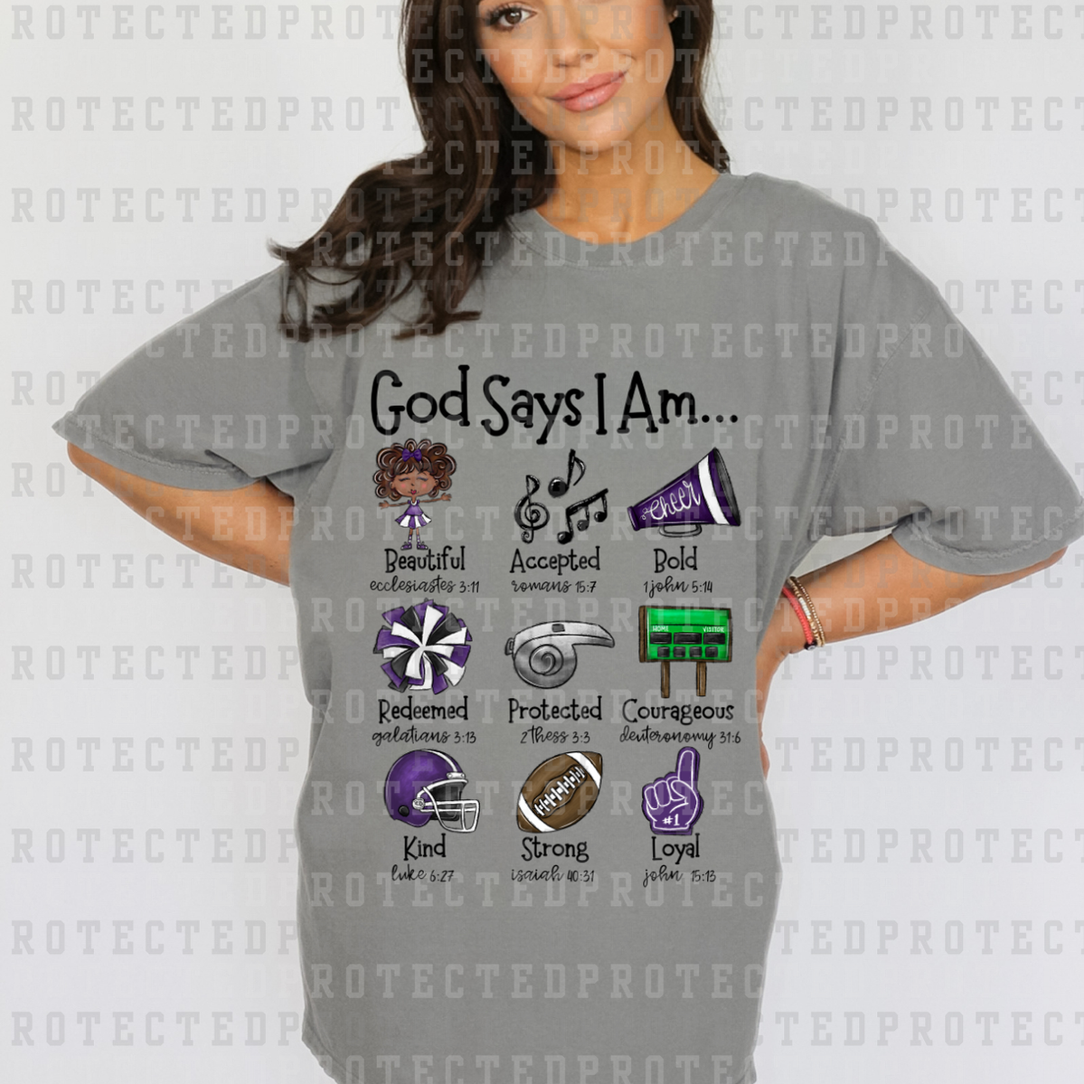 GOD SAYS I AM *PURPLE W/ BROWN HAIR* - DTF TRANSFER