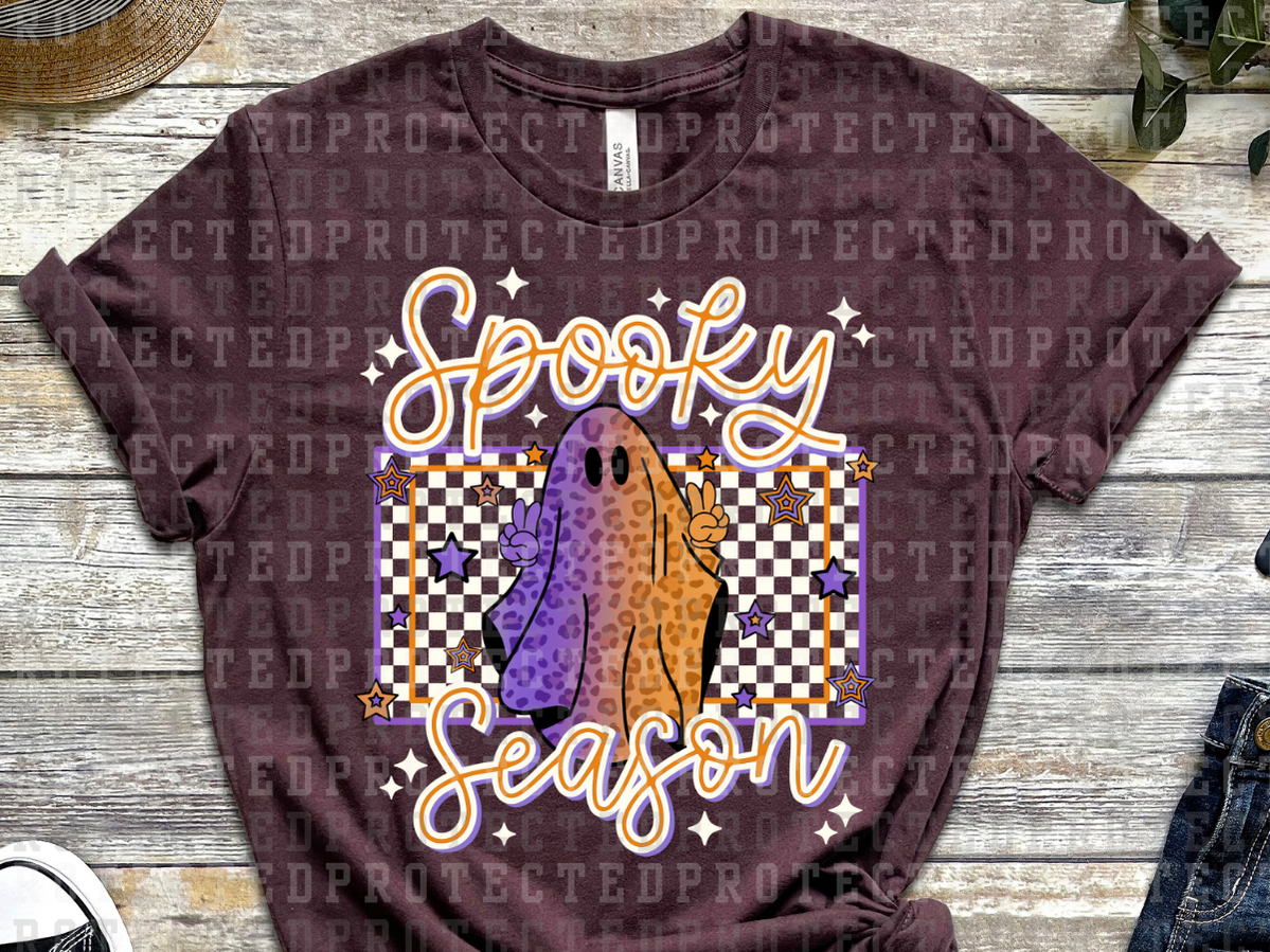 SPOOKY SEASON - WHITE CHECK - PURPLE/ORANGE LEOPARD GHOST - WHITE OUTLINE ORANGE FONT- DTF TRANSFERS