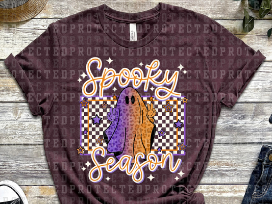 SPOOKY SEASON - WHITE CHECK - PURPLE/ORANGE LEOPARD GHOST - WHITE OUTLINE ORANGE FONT- DTF TRANSFERS