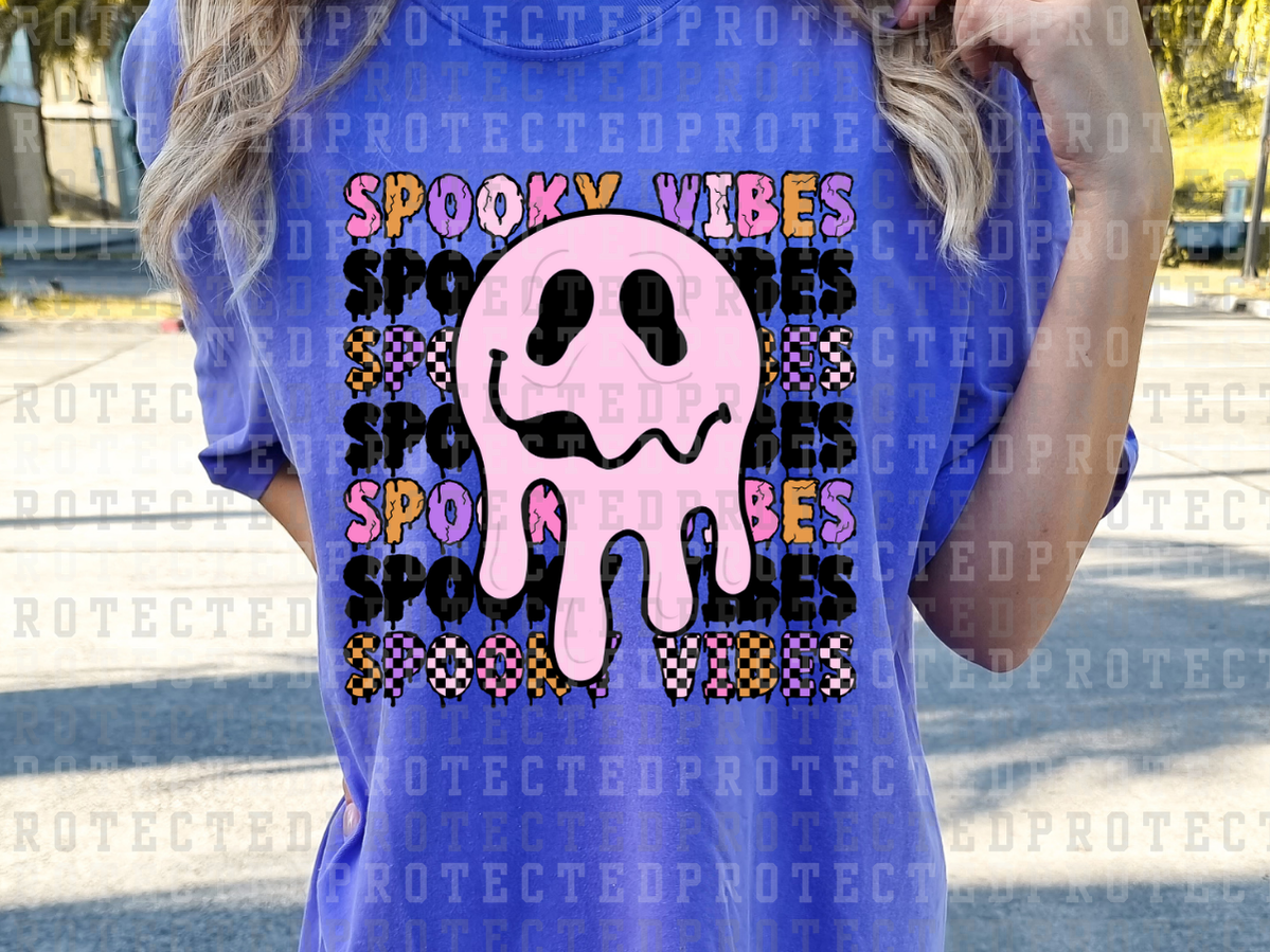 SPOOKY VIBES x7 - MELTING PINK SMILEY - DRIPPING WORDING, PINK/ORANGE/PINK/WHITE + CHECK- DTF TRANSFERS