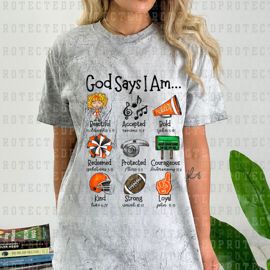 GOD SAYS I AM *ORANGE WITH BLONDE HAIR* - DTF TRANSFER