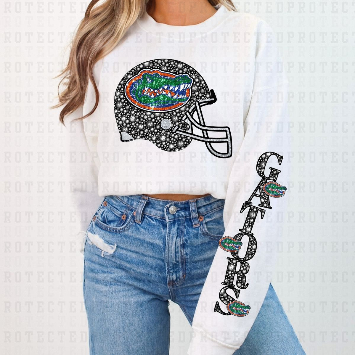 GATORS *FAUX RHINESTONES/SLEEVE DESIGN COMES IN 6"* (FULL FRONT/1 SLEEVE) - DTF TRANSFER