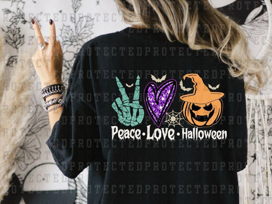 PEACE LOVE HALLOWEEN - TEAL SKELETON HAND + PURPLE HEART - DTF TRANSFER