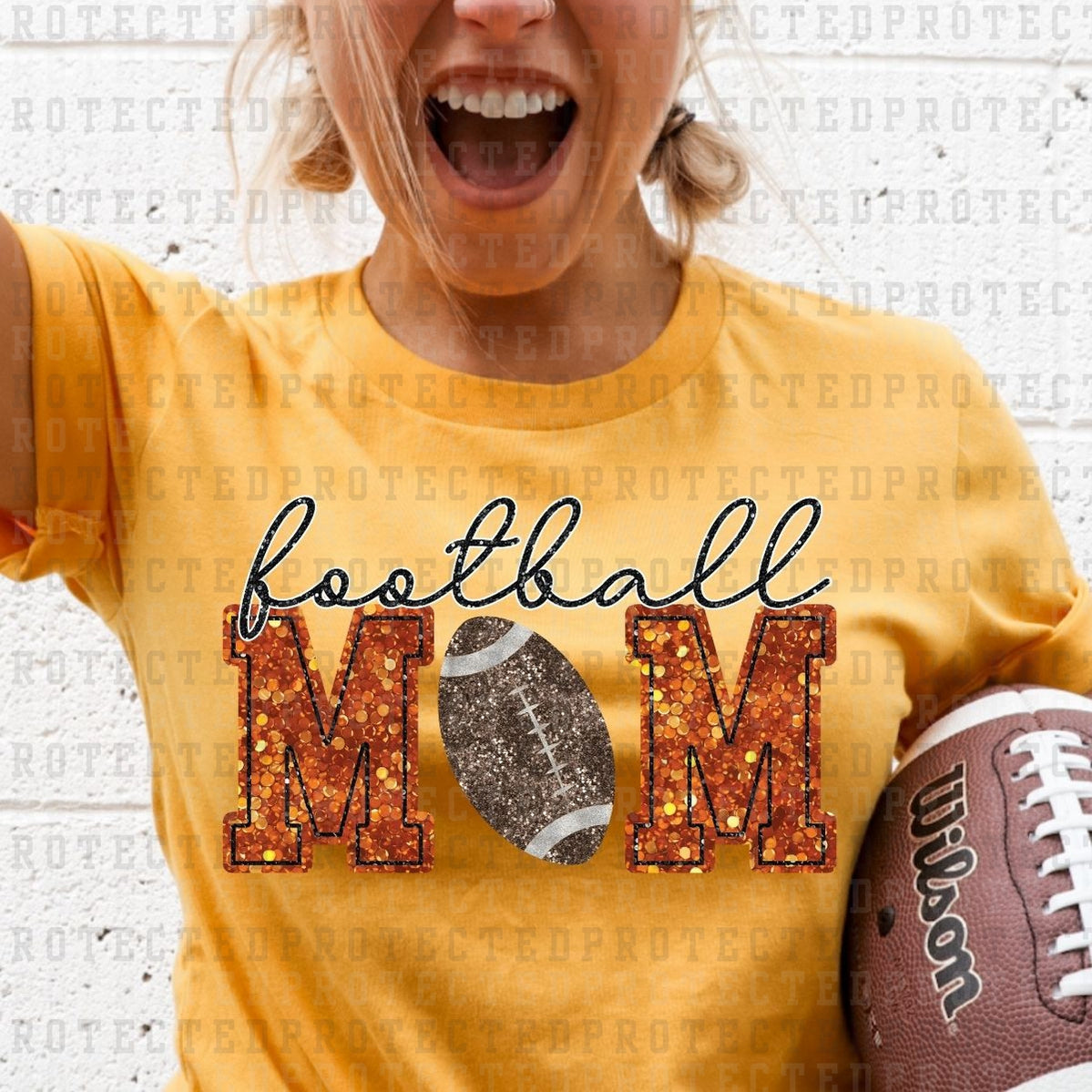 FAUX SEQUIN FOOTBALL MOM *ORANGE W/DARKER FOOTBALL* - DTF TRANSFER ...