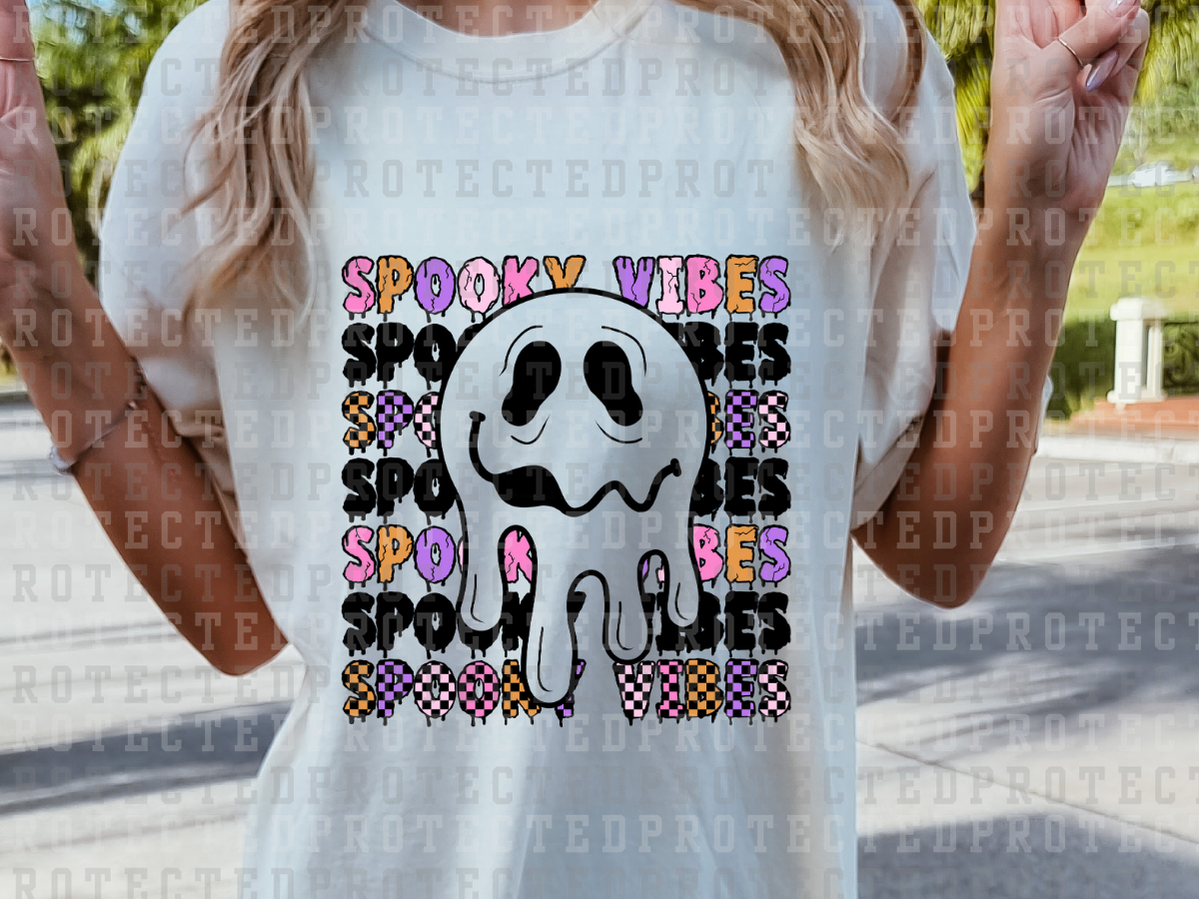 SPOOKY VIBES x7 - WHITE MELTING SMILEY - PURPLE/ORANGE/PINK MELTING WORDS AND CHECK - DTF TRANSFERS