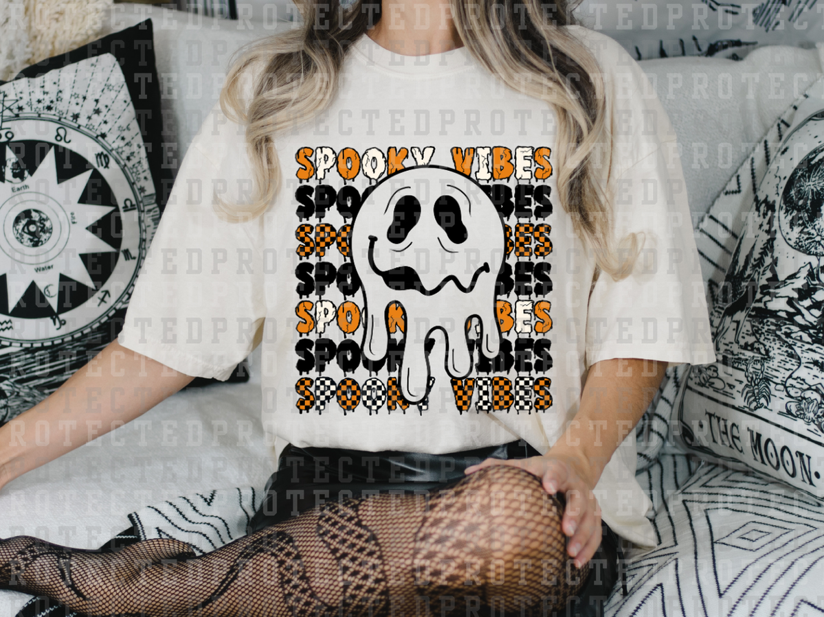 SPOOKY VIBES x7 - WHITE MELTING SMILEY - ORANGE/BLACK/WHITE MELTING WORDS AND CHECK - DTF TRANSFERS