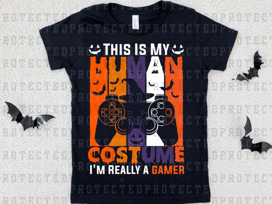 THIS IS MY HUMAN COSTUME, I'M REALLY A GAMER - ORANGE, PURPLE WHITE STRIPES - DTF TRANSFER