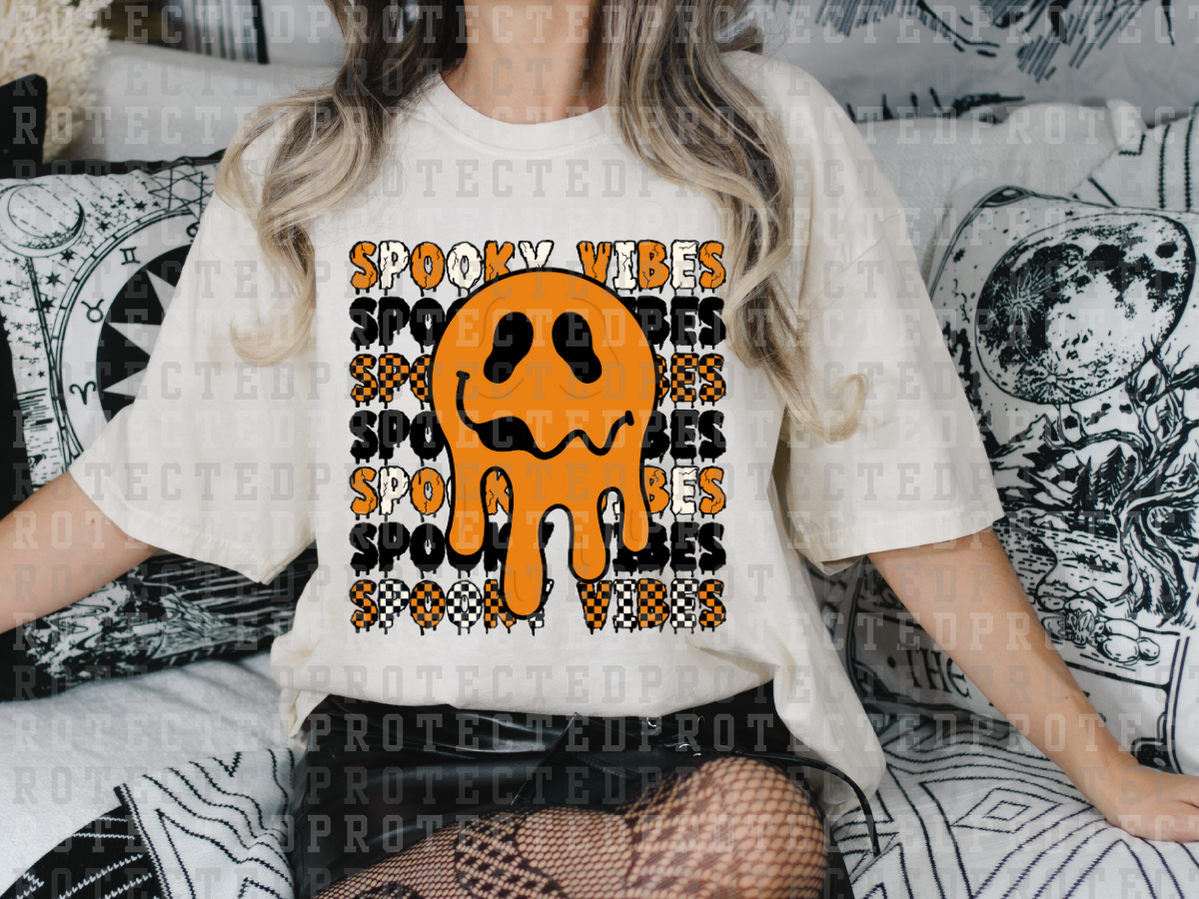 SPOOKY VIBES x7 - ORANGE MELTING SMILEY - ORANGE/BLACK/WHITE MELTING WORDS AND CHECK - DTF TRANSFERS