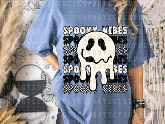 SPOOKY VIBES x7 - WHITE MELTING SMILEY - BLACK/WHITE MELTING WORDS AND CHECK - DTF TRANSFERS