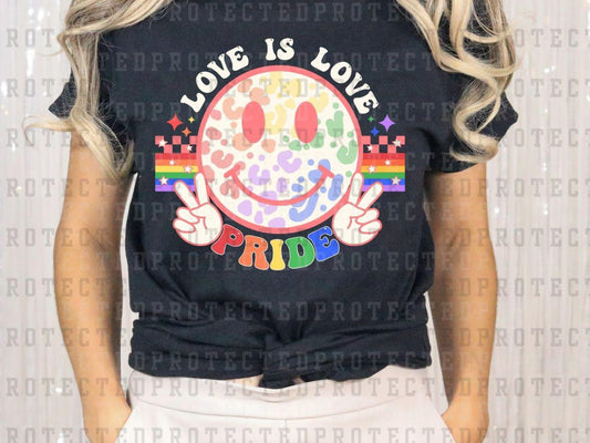 LOVE IS LOVE PRIDE - RAINBOW LEOPARD PEACE SMILEY - WHITE - DTF TRANSFER